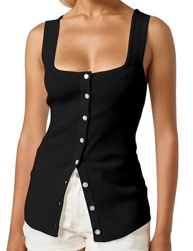 Image of MISSACTIVER Women Summer Square Neck Button Down Sweater Tank Top Sleeveless Backless Slim Fit Knitted Split Camisole Shirt(Small,Black)