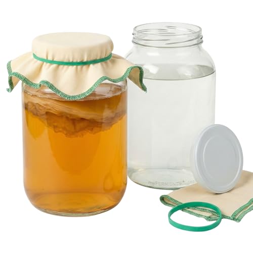 myFERMENTS – Großes Kristall-Fermentierglas 4L – Kombucha Starter Set | Weithals Gärgefäß & Kefir Glas | Ideal für Kombucha, Kefir, Marmelade, Einmachen | Kombucha Glas Set – Luftdicht, 2er Pack