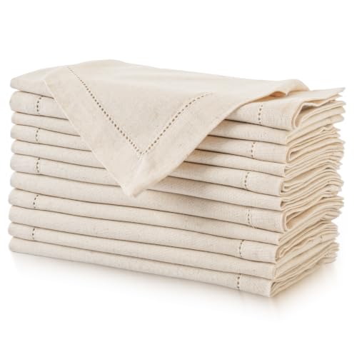 Image of FINGERCRAFT Hemstitched Table Napkins - Set of 12, 20x20 Inch, Cotton Linen Blend Cloth Napkins with Faggoting Stitching - Durable & Elegant for Farmhouse Parties, Hotels, Everyday Use (Ivory Flax)