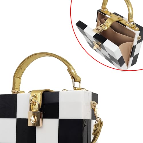 Image of Black White Checkerboard Acrylic Clutch Purse Bag Women Box Evening Bags Acrylic Chain Crossbody Handbag(Stitching)