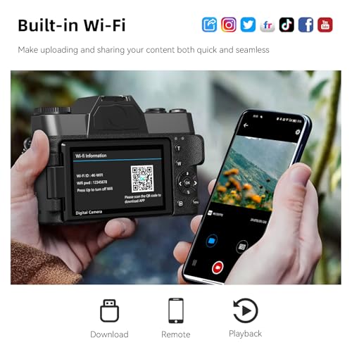 Image of VJIANGER 2025 Upgrade 6K Digital Camera for Photography 64MP Vlogging Camera for YouTube with WiFi, 180Flip Screen, 16X Digital Zoom, 52mm Lens, 32GB Micro SD Card, 2 Batteries(Black)