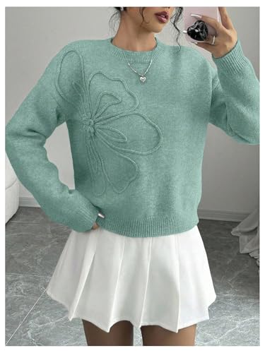 Image of RoseSeek Women's 3D Floral Appliques Crewneck Sweaters Long Sleeve Drop Shoulder Pullovers Elegant Knit Tops