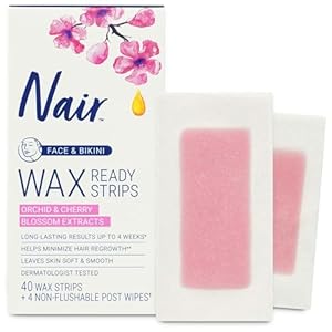 Nair Hair Remover Wax Ready Strips, Face and Bikini Hair Removal Wax Strips, 40 Count