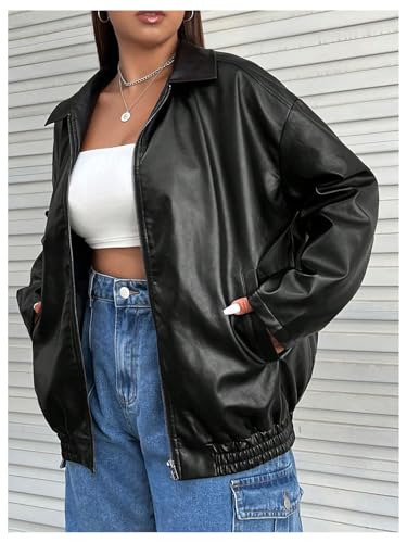 Women's Plus Size Faux Leather Jacket Zip Up Oversized Bomber Jackets Long Sleeve Motorcycle Coat Outwear with Pocket4