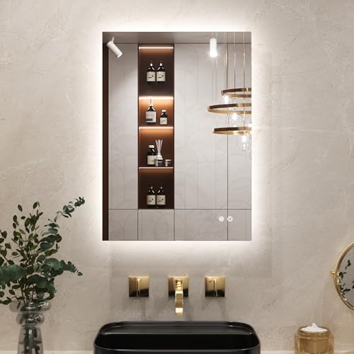 Keonjinn Led Lights Bathroom Mirror 50x70, Illuminated Light Up Rectangle Bathroom Mirror with Backlit Light, Anti-Fog Wall Mounted Vanity Mirrors 3 Colors Dimmable, Memory Function, IP44 Waterproof