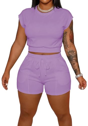 HBQ Womens Short Sets 2 Piece Summer Outfits Cap Sleeve Crop Top and Shorts Casual Lounge Matching Sets-Purple L