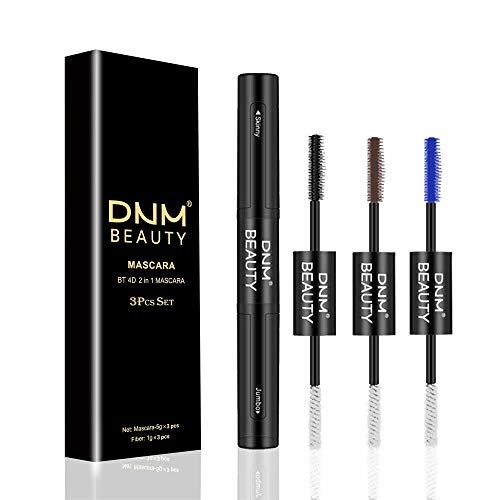 4D Silk Fiber Lash Mascara & Fiber 2-in-1 Double-End Black Brown Blue Mascara Volume Set(3-Pack), for Thickening and Lengthening, Waterproof Smudge-Proof HypoallergenicThicker and Longer Lashes DNM
