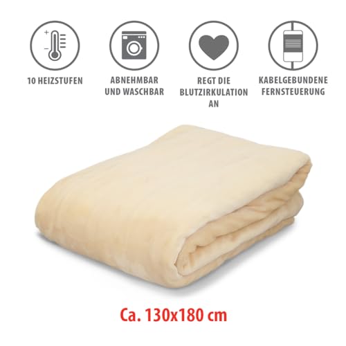 Alpina Elektrischer Heizdecke - Wärmedecke 180 x 130 cm - Wärmeunterbett 180W - Beheizbare Decke mit 10 Wärme Einstellungen - Waschmaschinenfest - Timer vond 1 bis 9 Stunden - Polyester - Beige