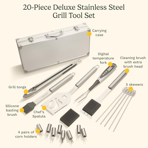 Cuisinart Deluxe Grill Tool Set, 20-Piece Grill Set, BBQ Accessories with Aluminum Case, Stainless Steel Grilling Accessories, BBQ tools, Grilling Gifts for Men, Father’s Day Gifts for Dad Husband