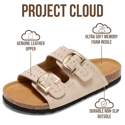 Image of Project Cloud 100% Genuine Leather Flat Sandals For Women 2026 Cork Footbed Womens Sandals with Memory Foam and arch support Vacation Essentials Slides for Women Footwear (Venita)