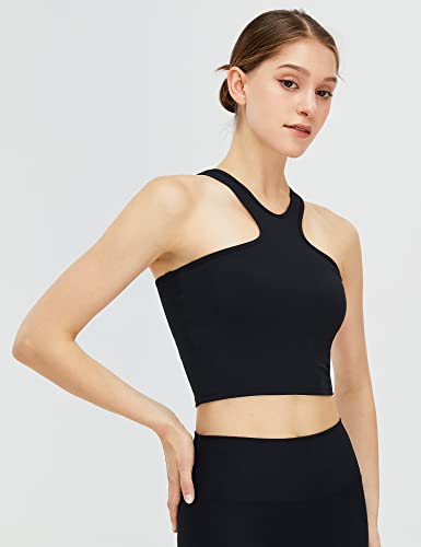 Loovoo Longline Padded Racerback Tank Tops With Built In Bra High Neck Sports Bra Summer Ribbed Workout Crop Tops Black #TOP1