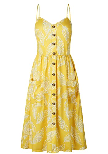 Image of YMING Womens Summer Spaghetti Strap Dresses Button Down Floral Sundress High Waist Swing Midi Dress with Pockets