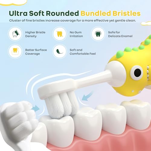 Image of R for Rabbit Tiny Smiles Dino Kids Toothbrush with Tongue Cleaner for Toddlers & Babies 2+ Years | Extra Ultra Soft PBT Bristles, Gentle on Gums | Cute 3D Dinosaur Easy Grip Handle | BPA Free (Yellow)