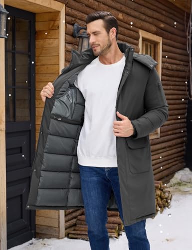 Image of Men's Winter Long Puffer Jackets, Water-Repellent Down Parka Warm Coats Outerwear with Detachable Hood & Carry Straps