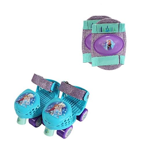 PlayWheels Disney Frozen Kids Glitter Roller Skates with Knee Pads - Childrens Adjustable Skates - Junior Size 6-12