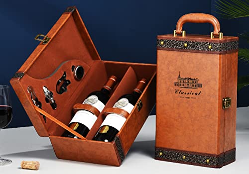 Lxllnqh Wine Gift Box With 4 Wine Accessories Set,Portable Two Bottle Wine Carrier Case For Wedding, Anniversary, Party,Travel,Vintage Leather Wine Storage Box For Home Bar Decor And Wine Collection #TOP1