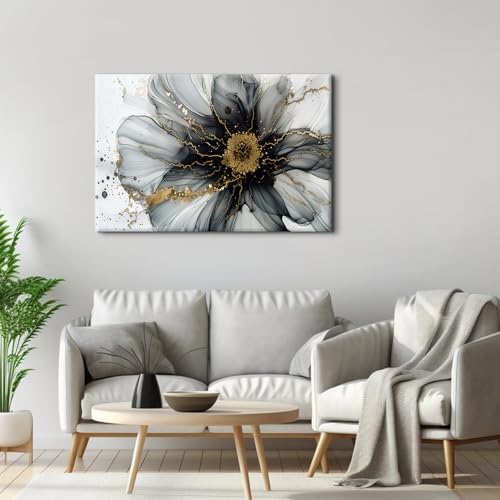 Image of AREBOLO Large Black and White Abstract Wall Art for Bedroom Above Bed Picture, Marble Flower Wall Decor Watercolor Fluid Glitter Texture Ink Prints Painting Poster Modern Artwork Decorations 32x48 inch