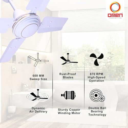 Image of Omen Changing Lives Durby 600 mm /24 inch Ceiling Fan | 900 RPM,Ultra High-Speed 4-Blade Decorative Fan | Energy-Efficient Performance | Powerful Air Delivery | 2-Year Warranty| Pack of 2 (White)
