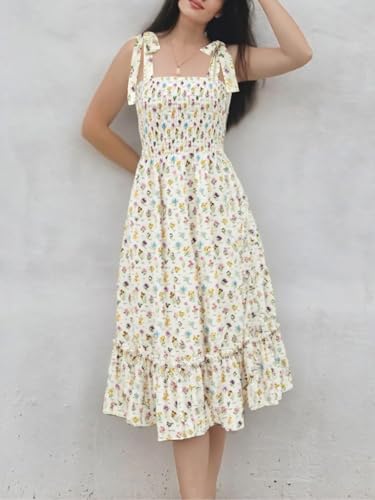 Image of Imily Bela Womens Summer Floral Maxi Dress Boho Tie Strap Sleeveless Smocked A Line Beach Sundress Long Dresses