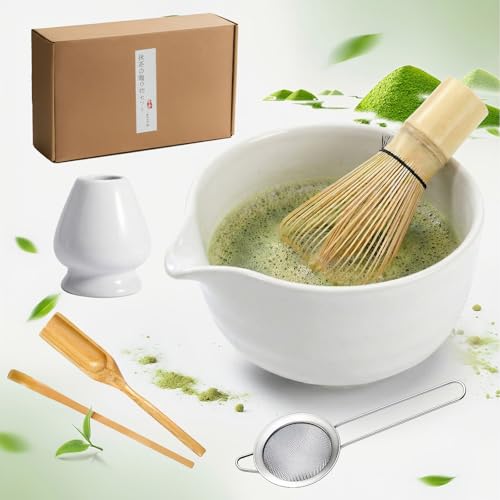 Set di 6 bicchieri da tè Matcha, ciotola in ceramica con spout, set completo di tè Matcha per whisk Starter Kit per principianti e appassionati (bianco)