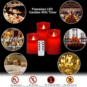 Image of Flameless Battery Operated LED Candles, Remote Control Electric Realistic Candles Flickering Real Wax 4 /5 /6 Inch 3PACK with 2 /4 /6 /8 Hour Timer for Home Decor Holidays Party (Red)