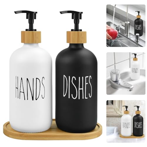 ADERTOS Hand and Dish Soap Dispenser Set, 500ml/17oz Hand Wash Dispenser Refillable Glass Soap Dispenser Bottle with Pump, Lotion Pump Bottle Dispenser with Wooden Base for Bathroom (Black & White)