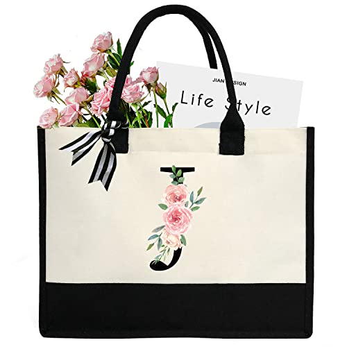 Image of sundee Personalized Initial Canvas Beach Bag, Canvas Tote Bag with Inner Zipper Pocket, Monogrammed Gifts Tote Bag for Wedding, Birthday, Holiday - Letter J