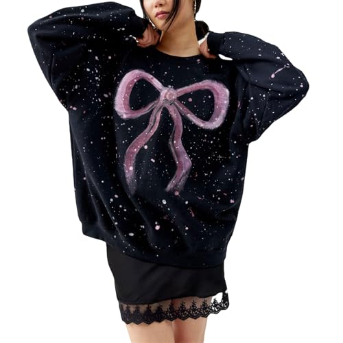 Miqil Women Cute Fairycore Bow Knot Printed Sweatshirt Y2k Loose Fit Long Sleeve Crewneck Girly Sweater Coquette Fall Outfits