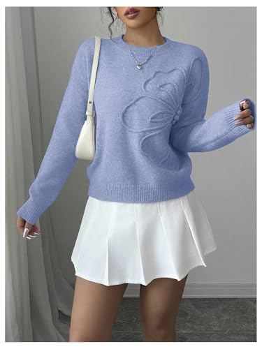 Image of RoseSeek Women's 3D Floral Appliques Crewneck Sweaters Long Sleeve Drop Shoulder Pullovers Elegant Knit Tops