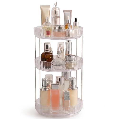 Image of MECHDEL Makeup Organiser Box with Drawers, Perfume, Cosmetic and Skincare Storage Stand, Dressing Table Organiser for Lipstick, Nail Polish (360 Rotating-Transparent White, 3 Tier)
