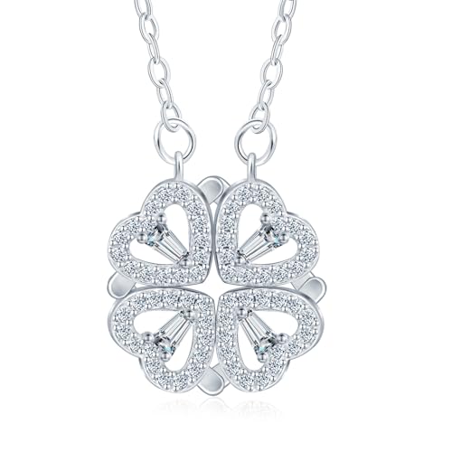 MICGIGI Ladies 925 Sterling Silver Necklace Four Leaf Clover and Heart Pattern Cubic Zirconia Pendant Necklace,Silver