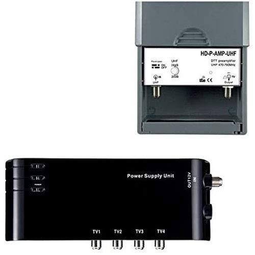 KIT PREAMPLIFICATORE 4/1 TV AMPLIFICATORE + ALIMENTAZIONE 4 Uscite TV per ANTENNA TERRESTRE TNT