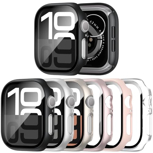 JERXUN 6 Pack Case with Tempered Glass Screen Protector for Apple Watch 11 10 46mm, Ultra-Thin Scratch Resistant Full Protective Hard PC Bumper Cover for iWatch 46mm Accessories
