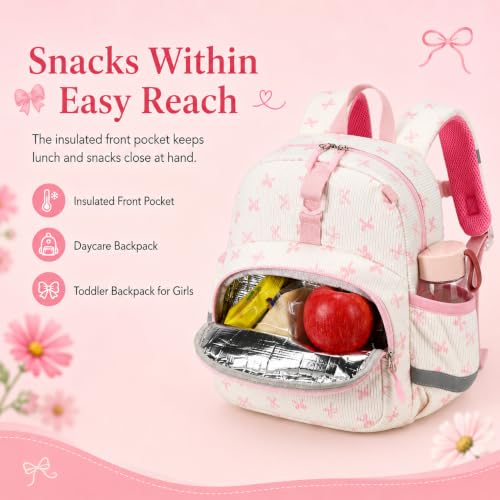 Image of LOIDOU Toddler Backpack for Girls Ages 2-4, 12 Inch Mini Preschool Daycare Bookbag with Insulated Snack Pocket, Corduroy Small Kids Travel Backpack, Pink Small Bow