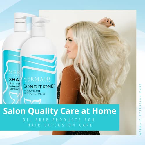 Mermaid Extension Hair Care Shampoo & Conditioner Combo Kit With Brush | Oil Free Gentle Moisturizing Salon Grade Hyrdrating Product Safe For Extensions Weaves & Wigs | Plant Based Sulfate & Paraben-Free Color-Safe Vegan Organic Formula | (Combo) #TOP2
