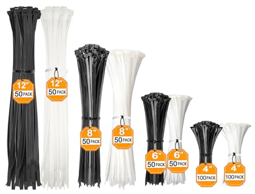 Cable Zip Ties 500 Pack Black and White Zip Ties Assorted Sizes 4/6/8/12 Inch Heavy Duty Self Locking Zipties Nylon Cord Management Plastic Wire Ties for Indoor Outdoor Office Home Garden Workshop