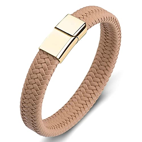 Ayoiow Bracelet Acier Inoxydable Personnalisable Cuir Bracelet Tressé Abricot avec Boucle Dorée Bracelet en Chaîne pour Homme