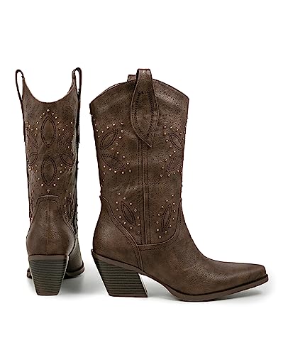image for Pasuot Brown Cowboy Boots for Women - Mid Calf Western Cowgirl Boots w