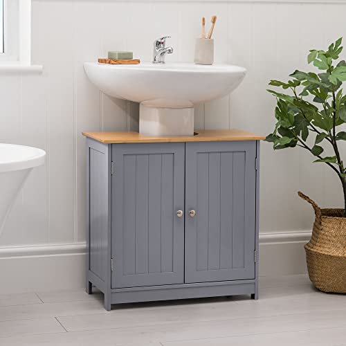 CHRISTOW Under Sink Bathroom Cabinet, Free Standing Wooden Sink Storage Unit, Grey & Bamboo Furniture, Basin Cupboard With Shelf