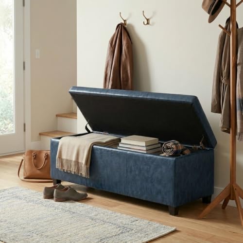 Image of SIMPLIHOME Avalon 48 inch Wide Vegan Leather Storage Ottoman in Denim Blue