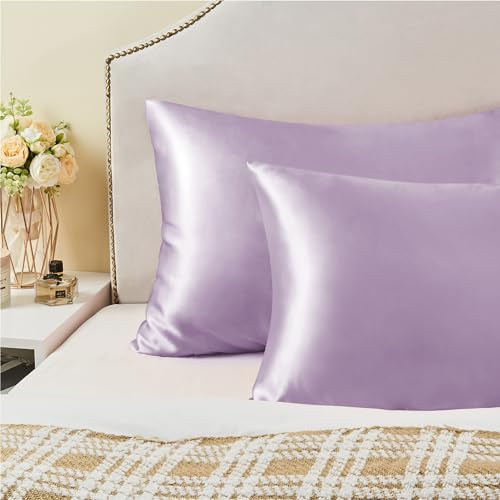 BEDELITE Satin Pillowcase with Zipper 2 Pack, Lavender Pillow Cases Standard Size, Super Soft and Cooling Similar to Silk Pillow Cases, Gift for Women Men(20x26 Inches)