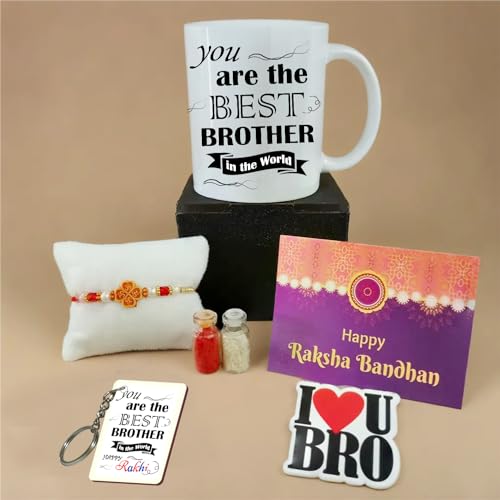 Image of PICRAZEE Raksha Bandhan Gift for Brother - Mug, Rakhi, Roli-Chawal Bottles Tilak Set, Keyring, Fridge Magnet & Greeting Card Combo