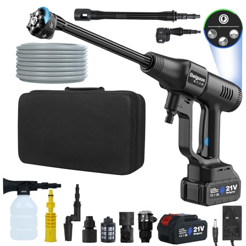 100 Bar 1450 PSI Cordless Pressure Washer, Cordless Power Washer, 3 Adjustable Levels Battery Jet Powered Pressure Washer (2 * 4Ah Batteries, 5m Hose, Tap Connector and 4 Nozzles Included) Black