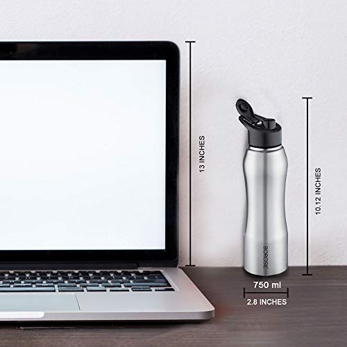 Borosil 750 ml Hydra 3pc Set of Grip n Sip Stainless Steel Water Bottle | ISI Certified, Made in India | Single Wall, Leakproof| Bottle for Office, School, College & Gym | 1 Year Warranty | Silver
