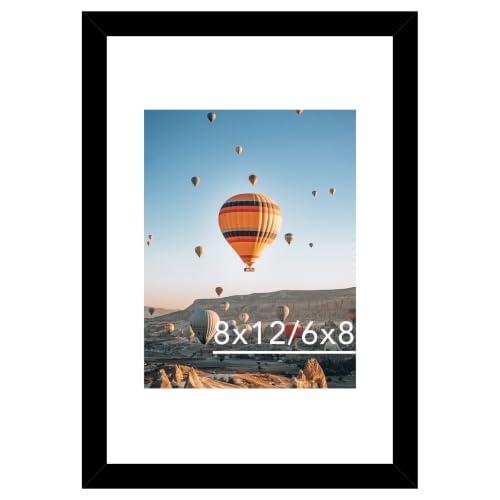 Image of JCJMY 8x12 Picture Frame with 6x8 Mat, Black 8 x 12 Photo Frame with Shatter Resistant Plexiglass, Display 6 x 8 with Mat or 8 by 12 Without Mat, Sturdy Wall or Tabletop Frame, 1 Pack