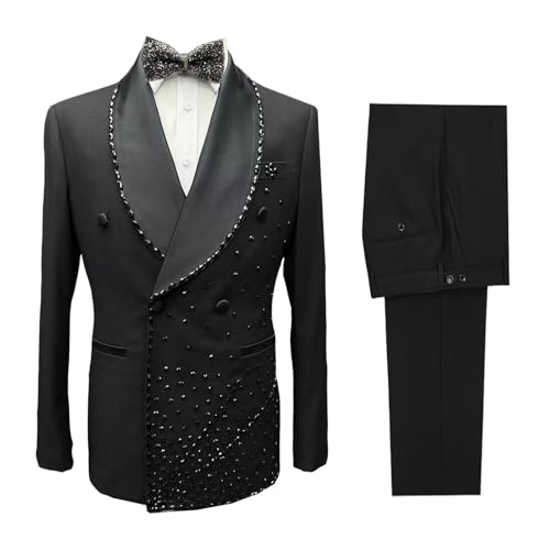 SAROULU Luxury Mens Suit 3 Piece Black Beaded with Jacket Vest Pants Men Tuxedo for Wedding Party Prom