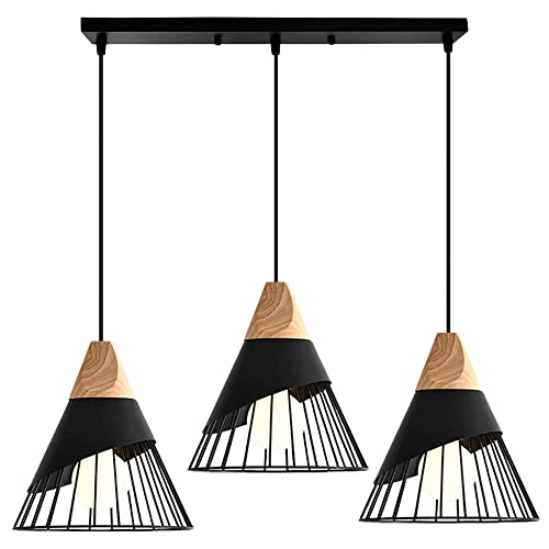 TOKIUS Suspension Luminaire Moderne Industrielle Bois Lustre Abat-jour Métal Vintage forme Cage Ø25cm Plafonnier E27 Design pour Cuisine Chambre Salon (3 lampes - Noir - barre)