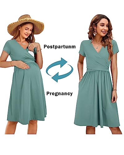 Image of OUGES Maternity Nursing Dress Breastfeeding Short Sleeve V Neck Casual Pregnancy Clothes with Pockets