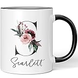 JUNIWORDS Tasse, Scarlett, Name Anfangsbuchstabe Initial Alphabet Floral Buchstabe S Monogramm Motiv, Schwarz (5600481)