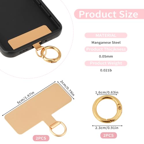 2Pcs Phone Tether Tab Stainless Steel Cell Phone Tether Patches Universal Metal Phone Lanyard Patch with 2 Metal Spring Rings Cellphone Strap Replacement Part for Most CellPhone Cases Gold